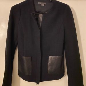 Vince Collarless Tweed Jacket with Leather Pockets